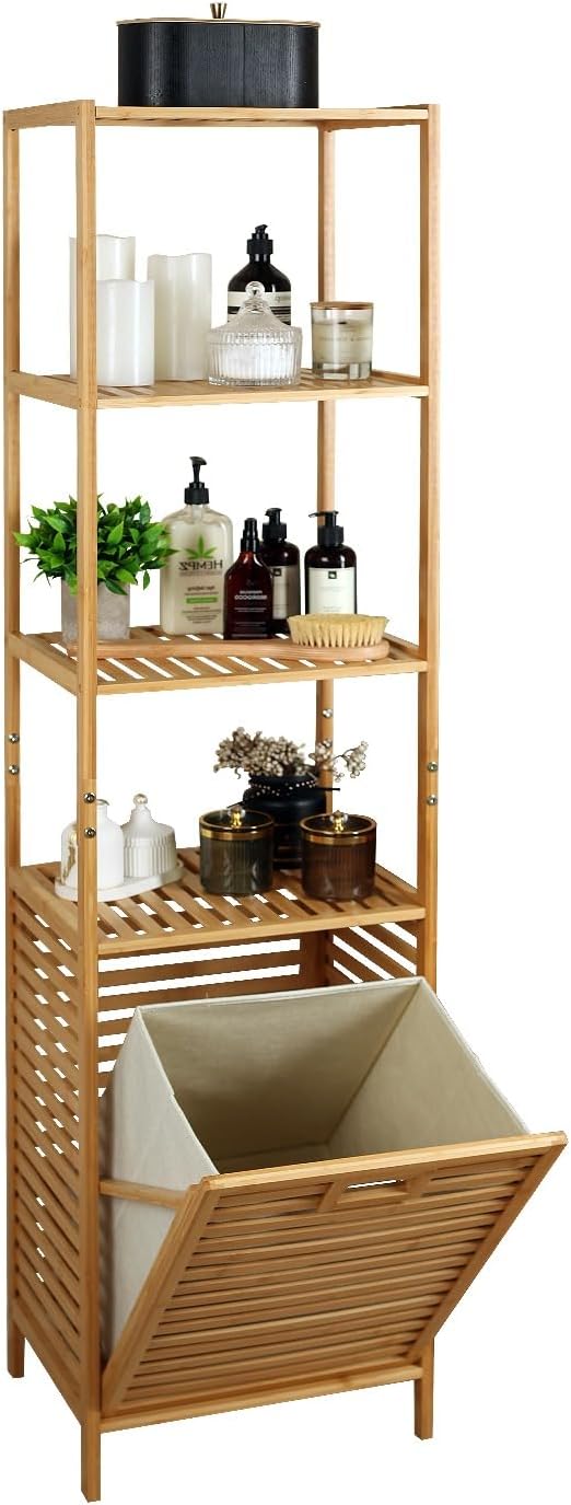 Froppi Bathroom Tall Cabinet with Large Tilting Laundry Hamper Basket with Lid Bamboo Washing Basket for Bathrooms L40.5 W33 H160 cm.