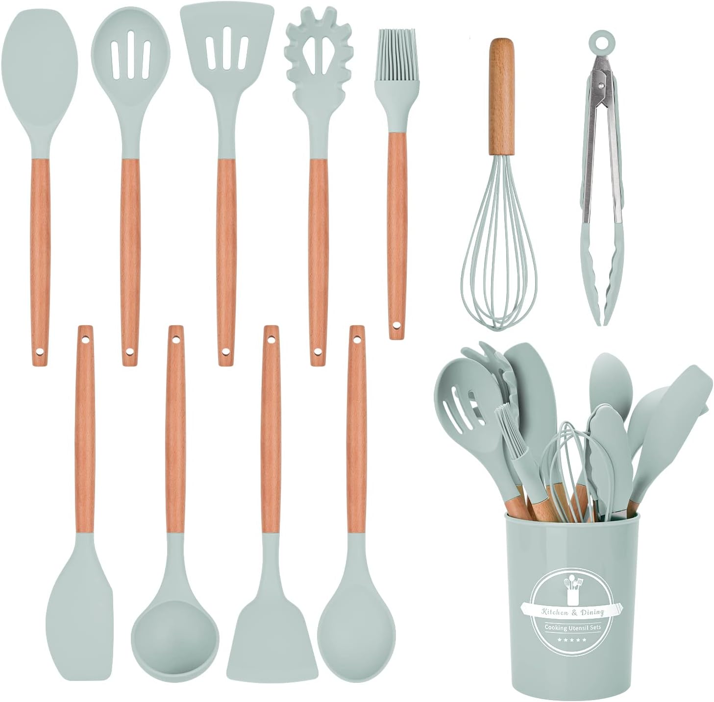 FIOUSY Kitchen Utensil Set, 12 PCS Silicone Cooking Utensils Set with Wooden Handle, Heat Resistant, Nonstick Cookware Tongs Spatula Spoon Set, Dishwasher Safe, Best Kitchen Tools with Holder (Green).