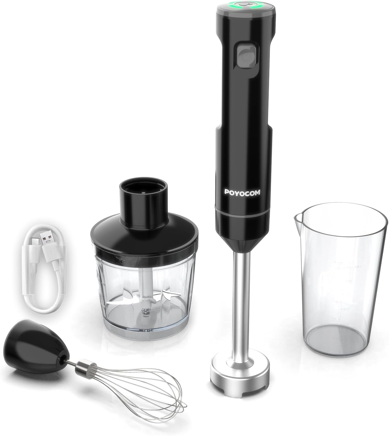 Cordless Variable Speed Hand Blender, POYOCOM Immersion Blender Rechargeable, with Type-C Cable, 500ml Chopper, 600ml Vessel, Egg Whisk, for Smoothies, Baby Food and Soup – Black.