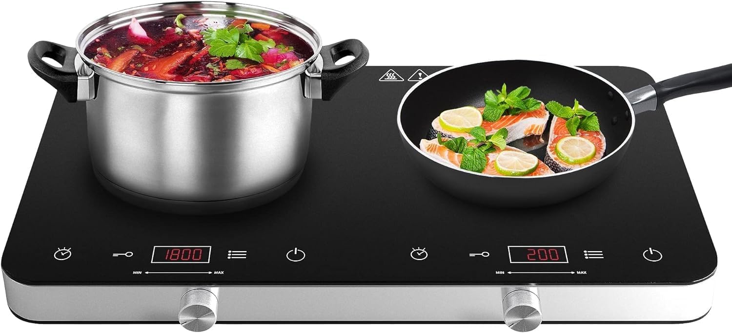 COOKTRON Induction Hob, Double Induction Cooker with Dual-Control (Touch & Knob), 10-Level Adjustable Temperature/Power, 4-Hour Timer, Child Safety Lock, Portable Design, 2800W.