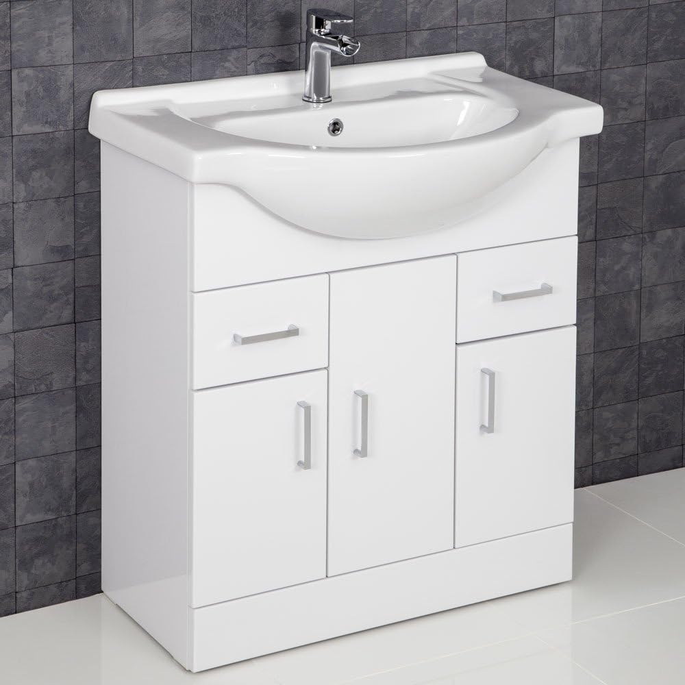 ESSENTIALS 750mm Bathroom Vanity Unit & Basin Sink Tap + Waste Floorstanding Gloss White.