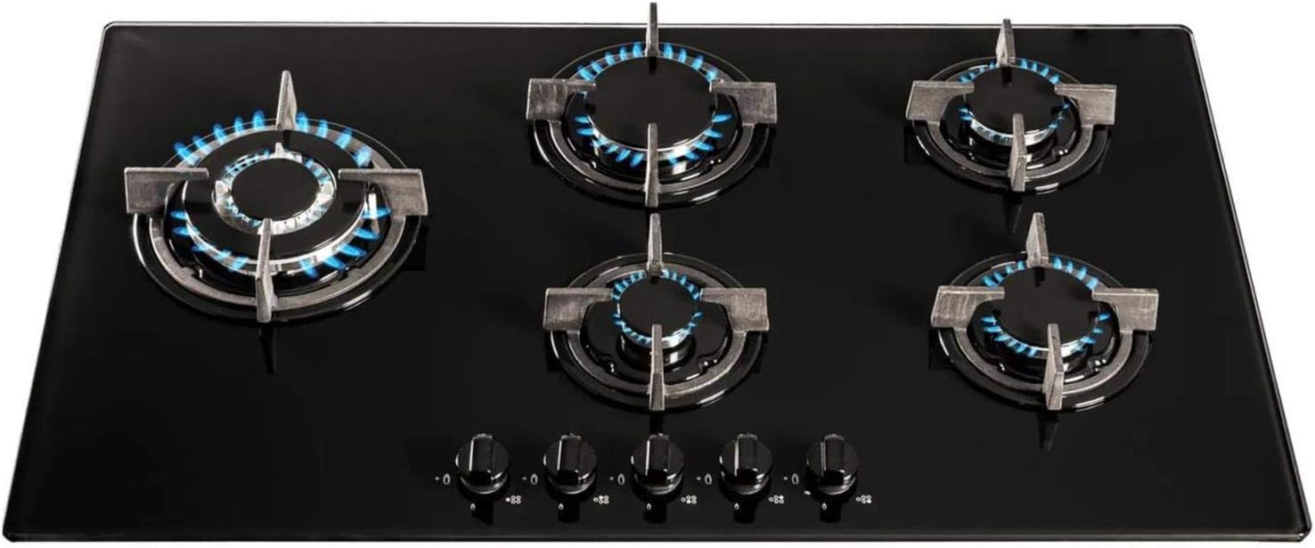 SIA GHG902BL 90cm Black Glass 5 Burner Gas Hob With Cast Iron Pan Stands & Wok Burner | LPG Kit, FFD.