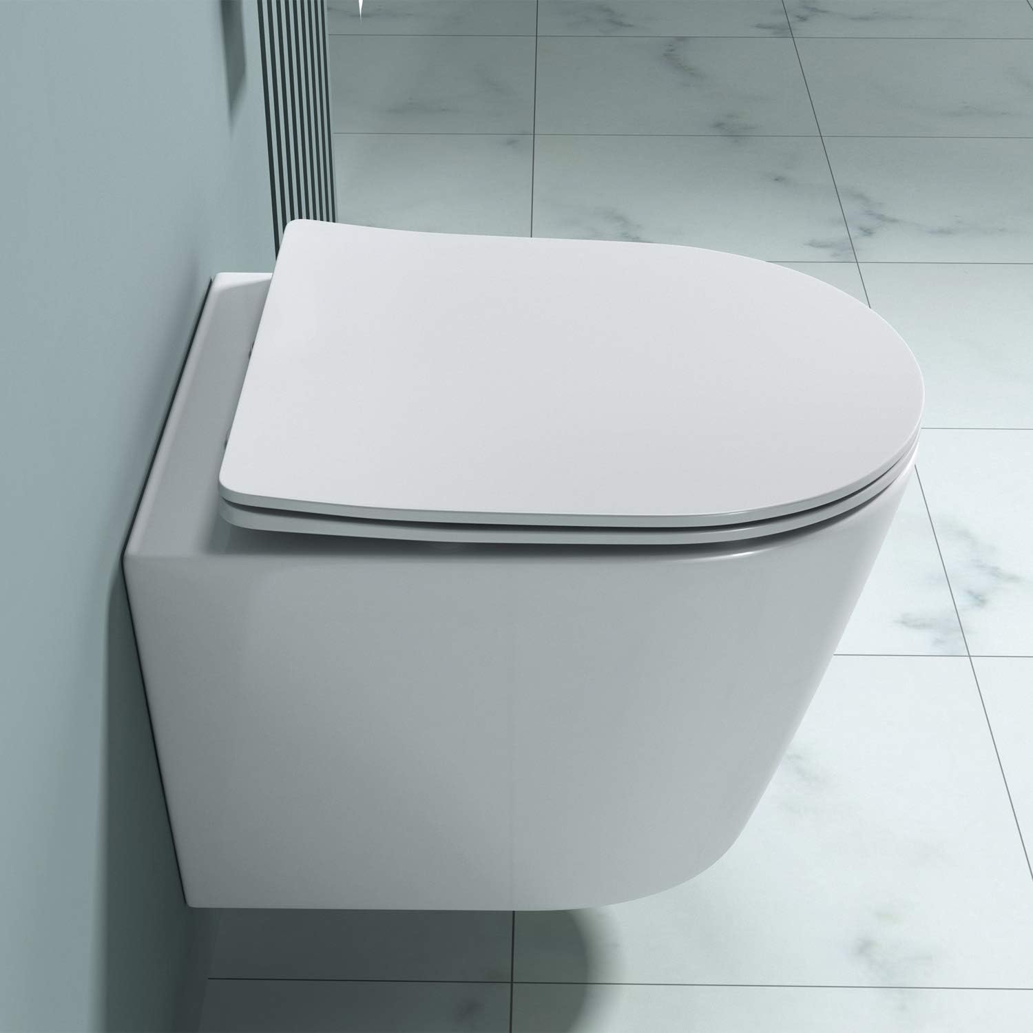 Durovin Bathrooms Ceramic Rimless Wall Hung Toilet - Short Projection - Include WC Pan with Soft Close Seat - Quick Release - 363 x 483 x 360mm (WxDxH).