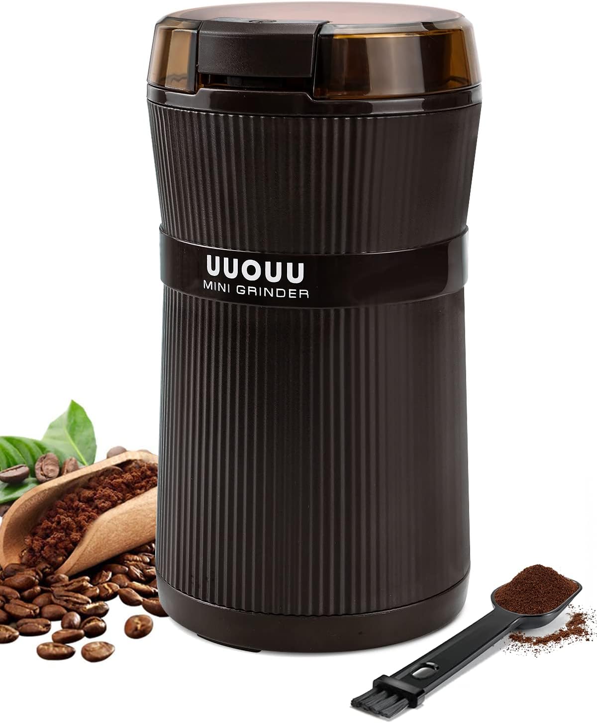 Coffee Grinder with Brush, UUOUU 200W Washable Bowl Spice Grinder with Stainless Steel Blade for Seed Bean Nut Herb Pepper & Grain, Lid Activated Safety Switch, Brown, CG-8320.