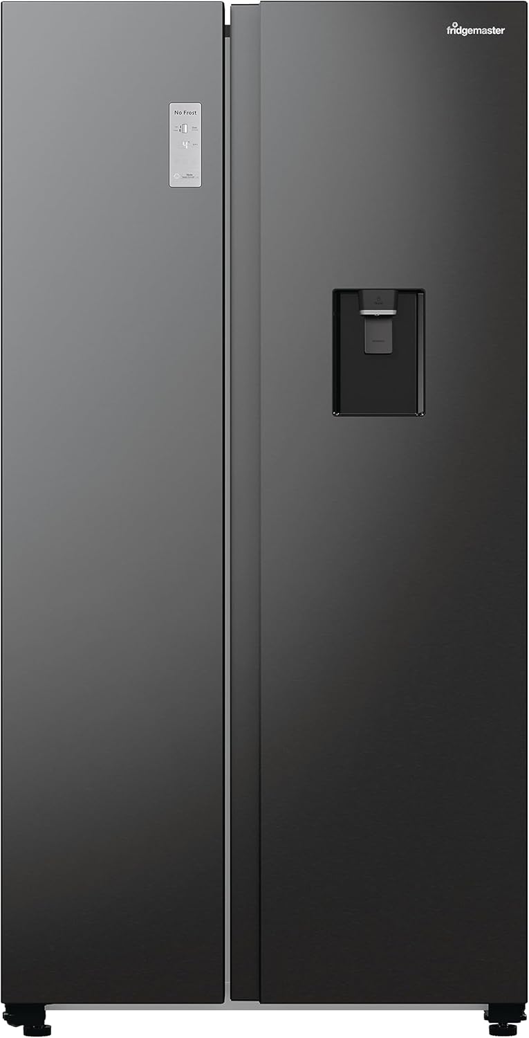 Fridgemaster MS91547BFE Freestanding American Side by side Door Fridge Freezer 547L, Black, Inverter compressor with Non-Plumbed Water Dispenser, Black, 98.5 × 186.5 × 76.5 cm (W×H×D) Energy Rating E.