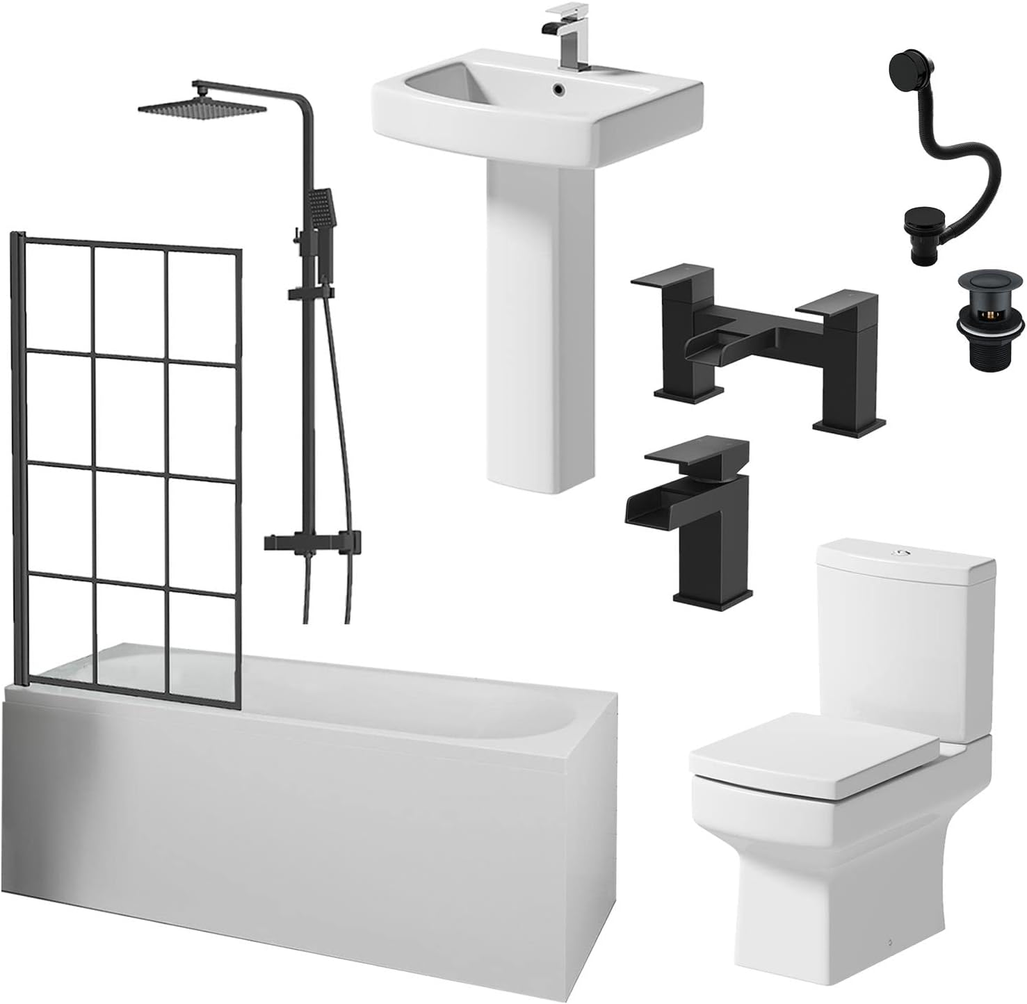 BAYSTONE 1700mm Bathroom Suite Single Ended Curved Bath Black Grid Screen Basin Full Pedestal Toilet WC Thermostatic Mixer Shower Tap Set Waste.