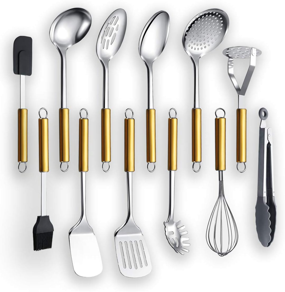 Kyraton Stainless Steel Cooking Utensil Sets 12 Pieces, Gold Handle Kitchen Utensil Set Kitchen Tool Set Include Cooking Spoon, Ladle, Skimmer, Potato Masher, Spatulas ect. (12pcs).