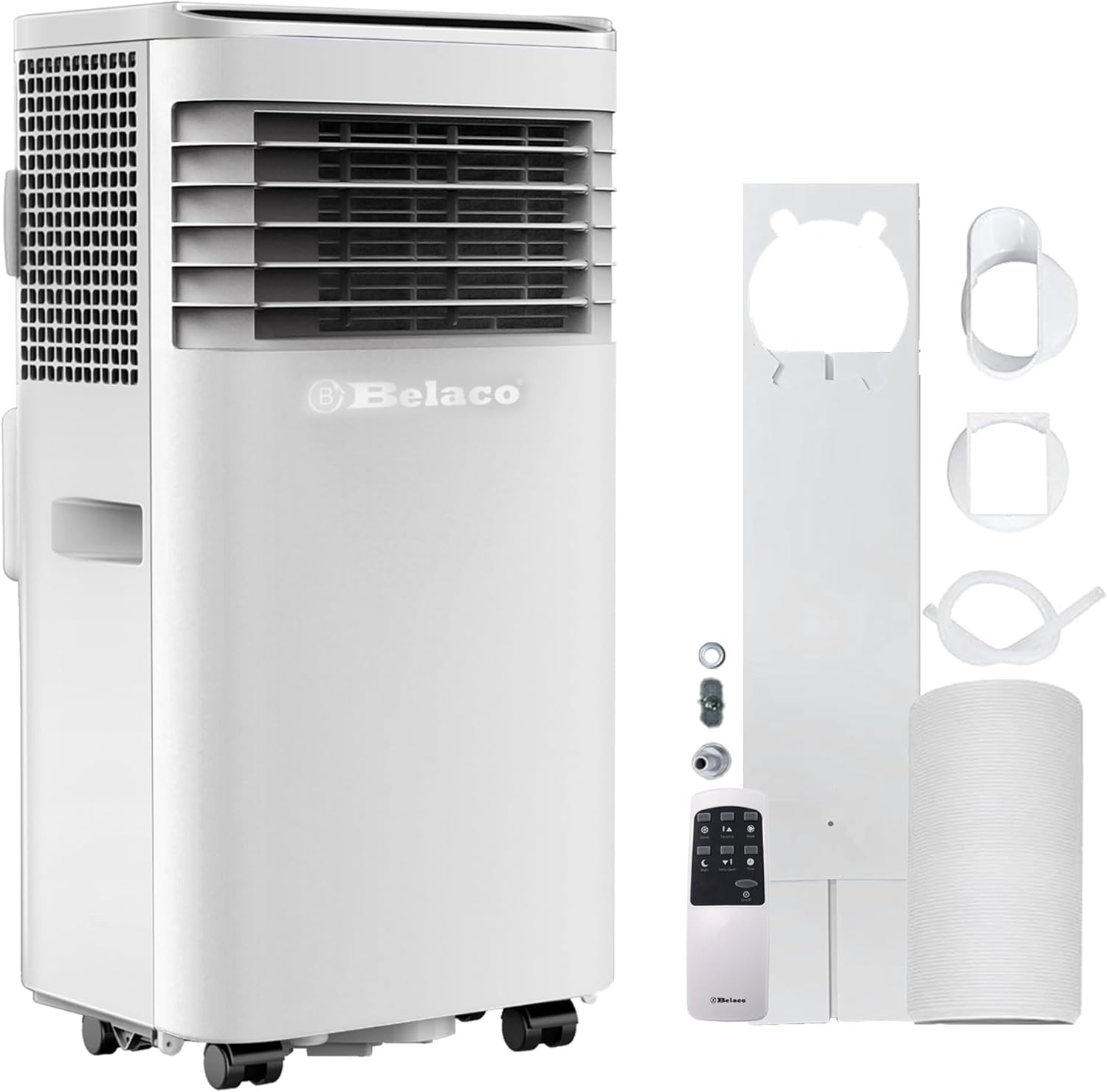 Belaco Portable Air Conditioner, 9000 BTU 4-in-1, Air Conditioning Unit, Fan & Cooling, Dehumidifier, Remote control with 24Hr Timer, Dual Window kit Included with Class A Energy Efficiency Rating.