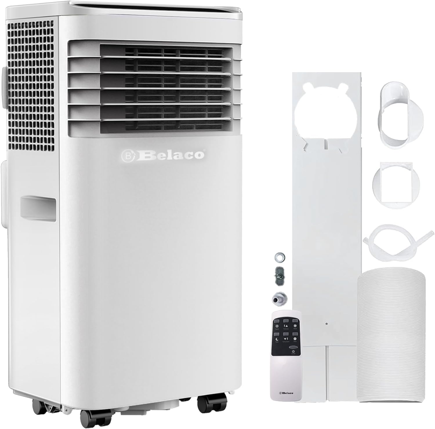 Belaco Portable Air Conditioner, 9000 BTU 4-in-1, Air Conditioning Unit, Fan & Cooling, Dehumidifier, Remote control with 24Hr Timer, Dual Window kit Included with Class A Energy Efficiency Rating.