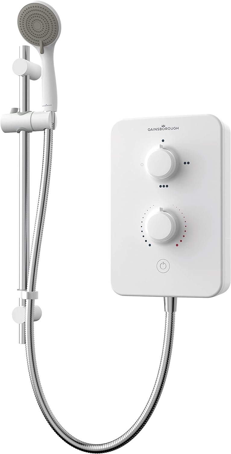 Gainsborough Slim Duo 9.5kW Electric Shower White 3 Spray Mode Head Adjustable Handset with Hose Rub Clean Nozzles Bathroom IPX4.