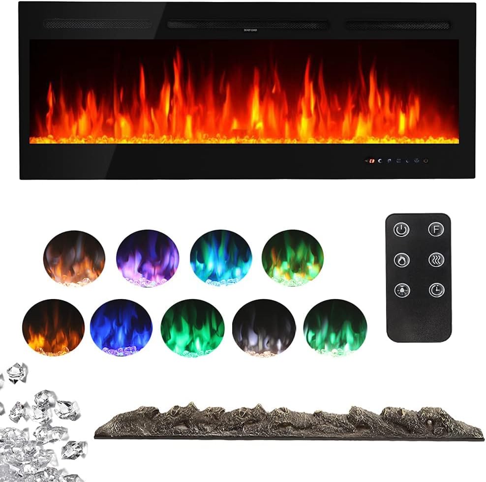 INMOZATA Wall Mounted Electric Fireplace 80inch Insert Recessed Large Media Wall Electric Fire Crystals Log Effect Flame Fire 9 LED Color with Remote Control.