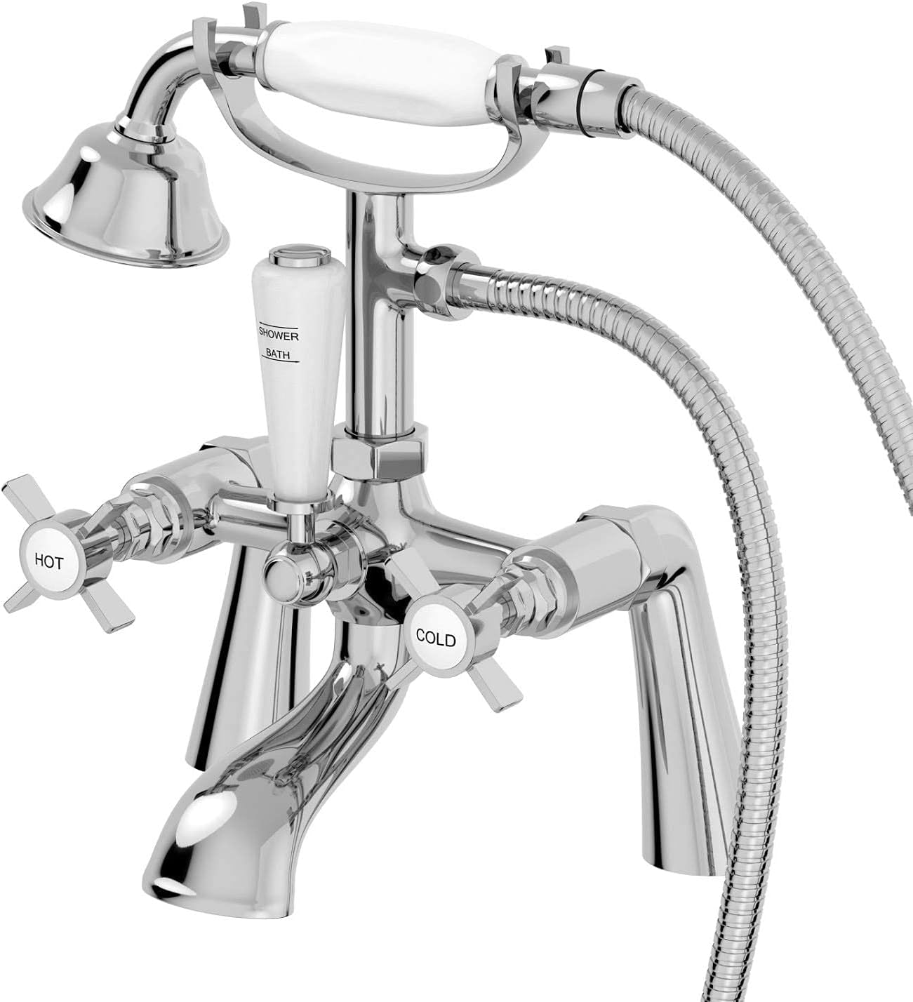 Traditional Bathroom Shower/Bath Mixer Tap in Chrome and Ceramic Handset and Hose Included.