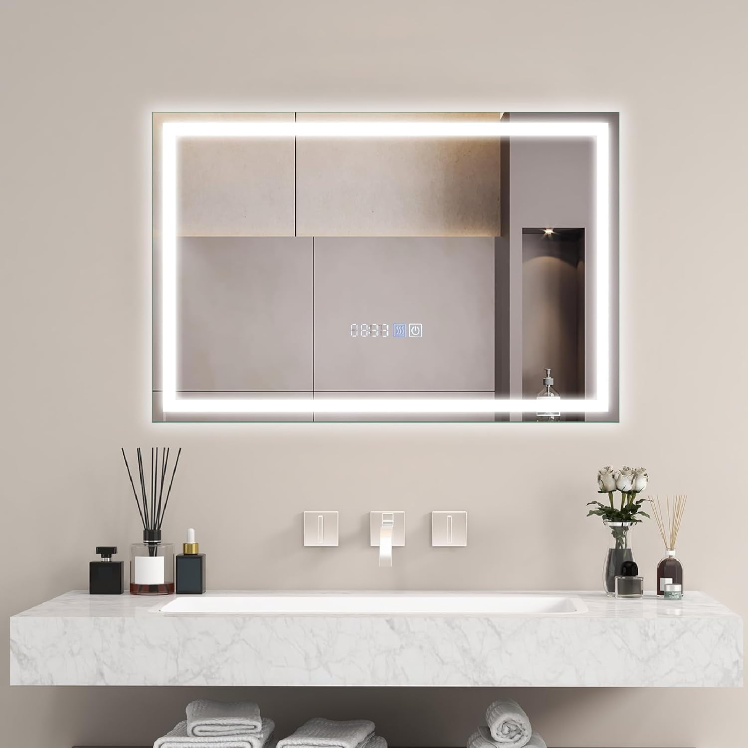 COSTWAY Bathroom Mirror with LED Lights, Illuminated Backlit Wall Mounted Vanity Mirror with 3-Color Dimmable, Time/Temp Display & Touch Sensor, IP44 Anti-Fog Rectangular LED Wall Mirror (600x400mm).