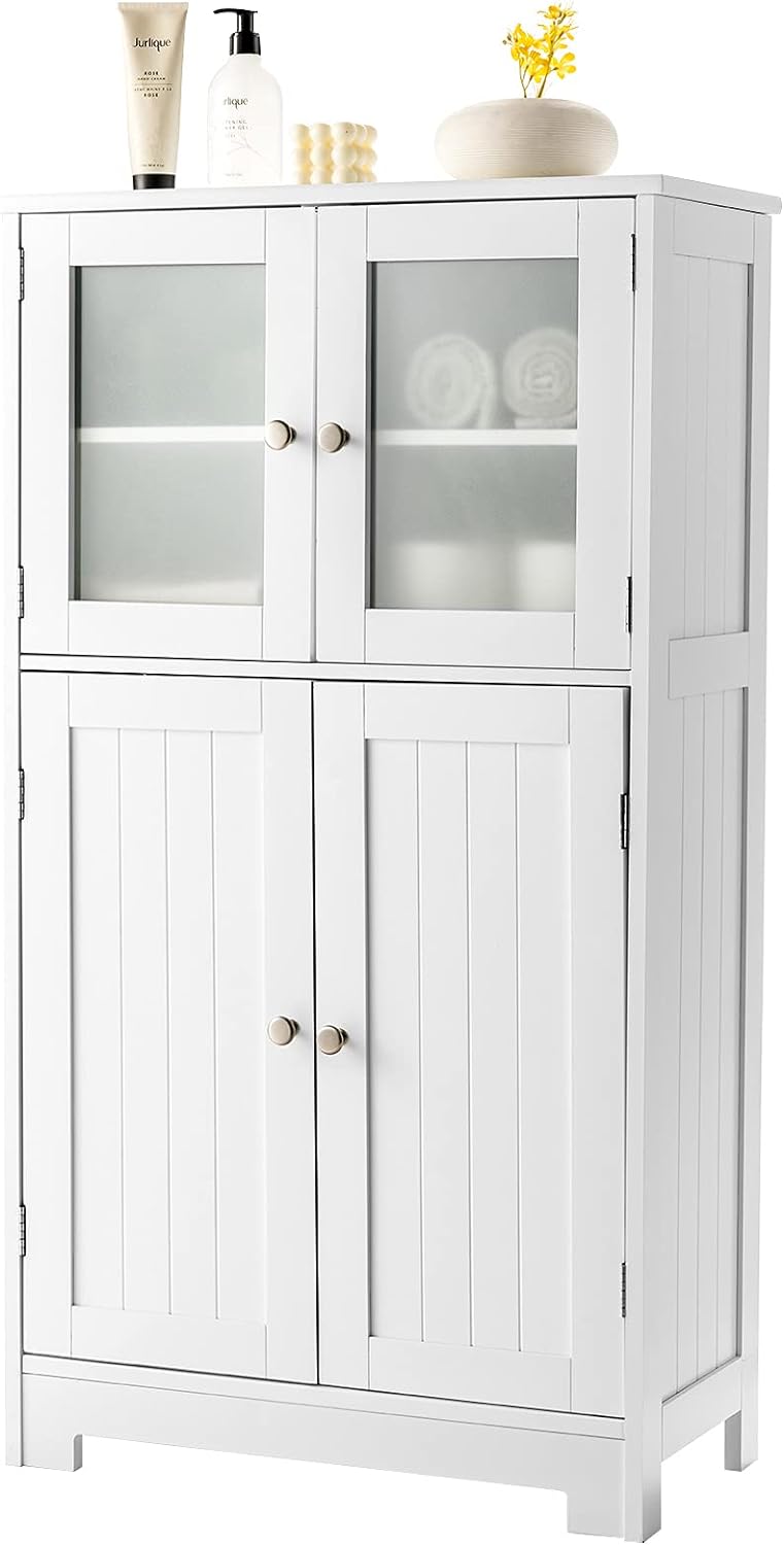 CASART Bathroom Floor Cabinet, Wooden Storage Cupboard with Adjustable Shelf & Doors, Freestanding Side Cabinet Storage Organizer for Bathroom Kitchen Living Room (Without 2 Open Shelves, White).