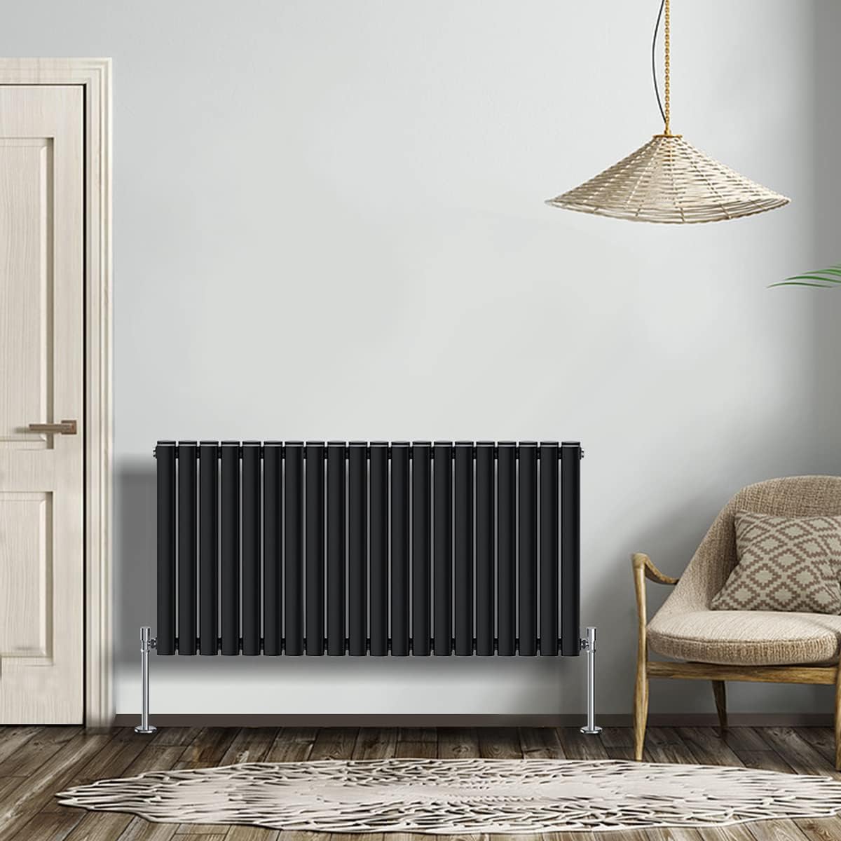 NRG Modern Radiator Black 600x590mm Single Oval Panel Heater Interior Designer Horizontal Bathroom Radiators.