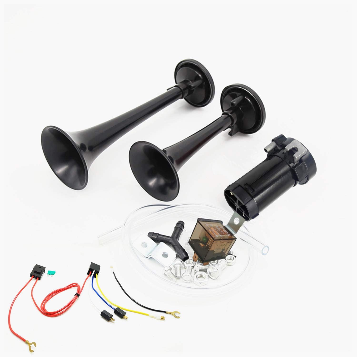 YIYDA Air horn dual trumpet car horn 135dB loudspeaker truck horn dual tone loud car horns kit two trumpets contains high low tones and compressor air pump for any 12V car train lorry boat etc (black.