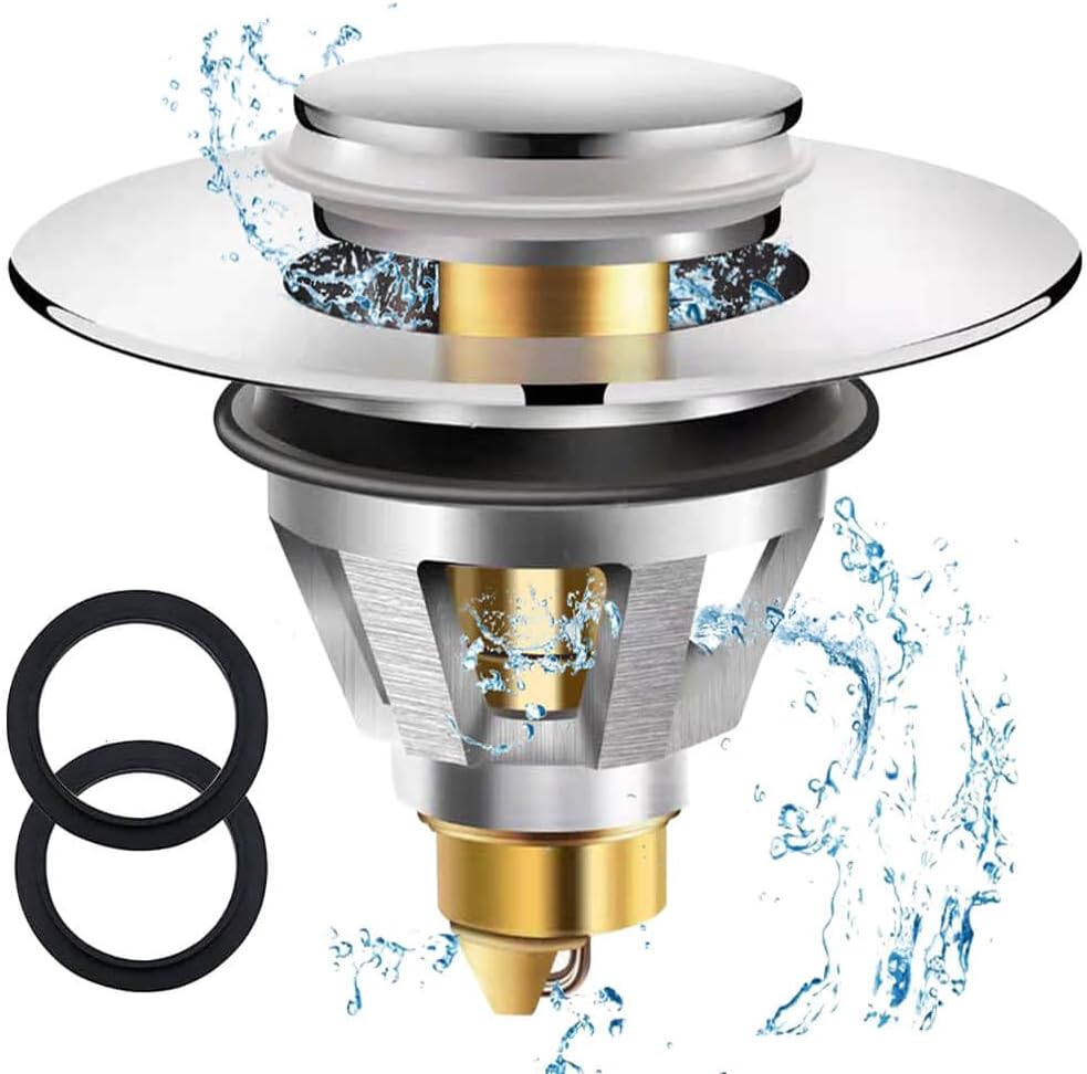 Zesc-Im Sink plug Replacement, Universal Basin Plug With Bounce Core, Brass Pop up Drain Stopper Filter with Basket Hair Catcher, 34-38mm Push Type Sink Strainer for Bathroom Basin.