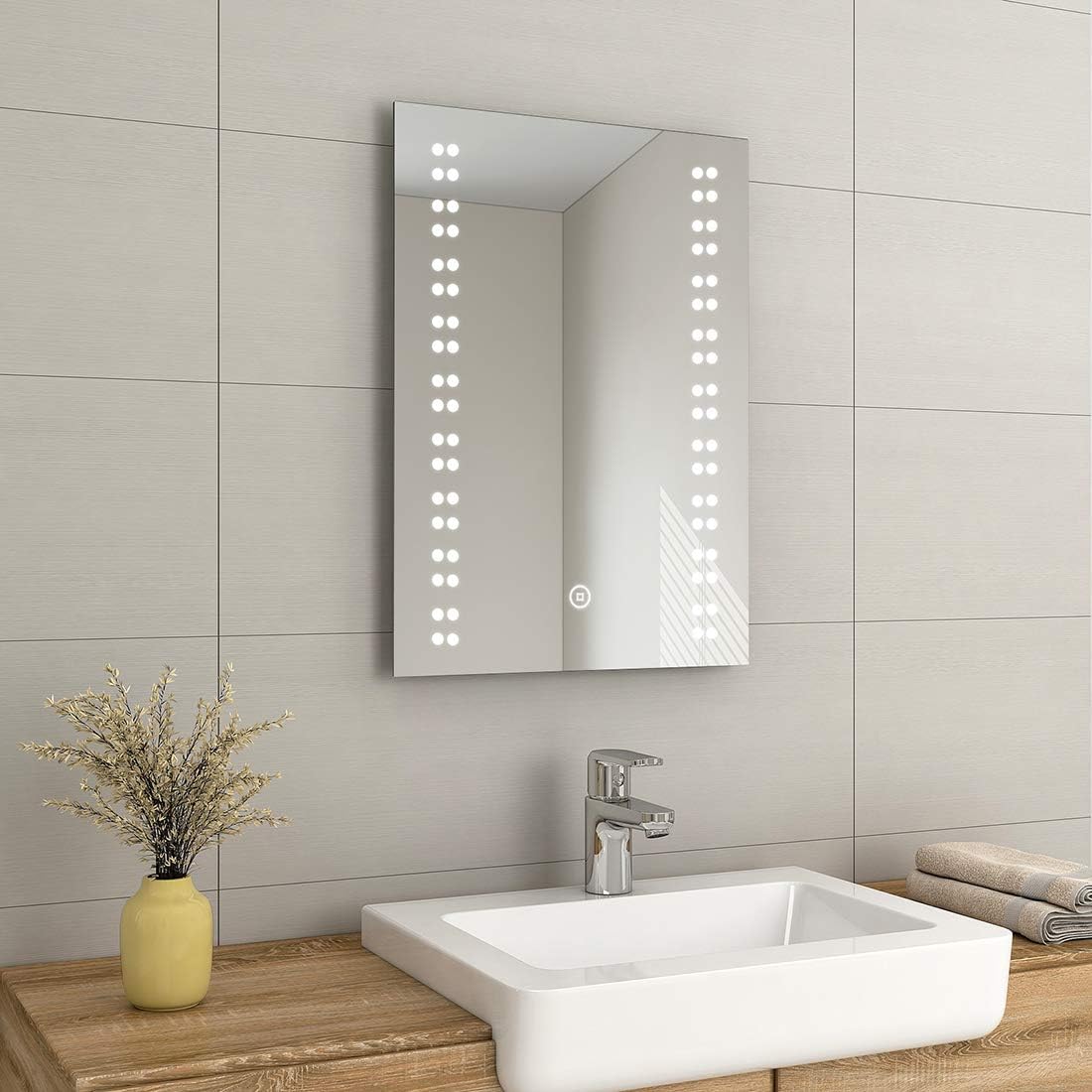 EMKE 500 x 700mm Illuminated LED Bathroom Mirror with Safety Shaver Socket, Bathroom Led Mirror with Touch Switch, Demister and Brightness Adjustment, Smart Wall Mounted Mirror for Bathroom.