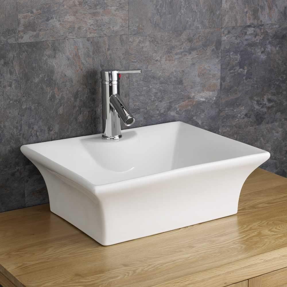 Clickbasin Freestanding Rectangular Bathroom Basin | Easy Install Countertop Sink | in White Ceramic with Overflow | 480mm x 390mm.