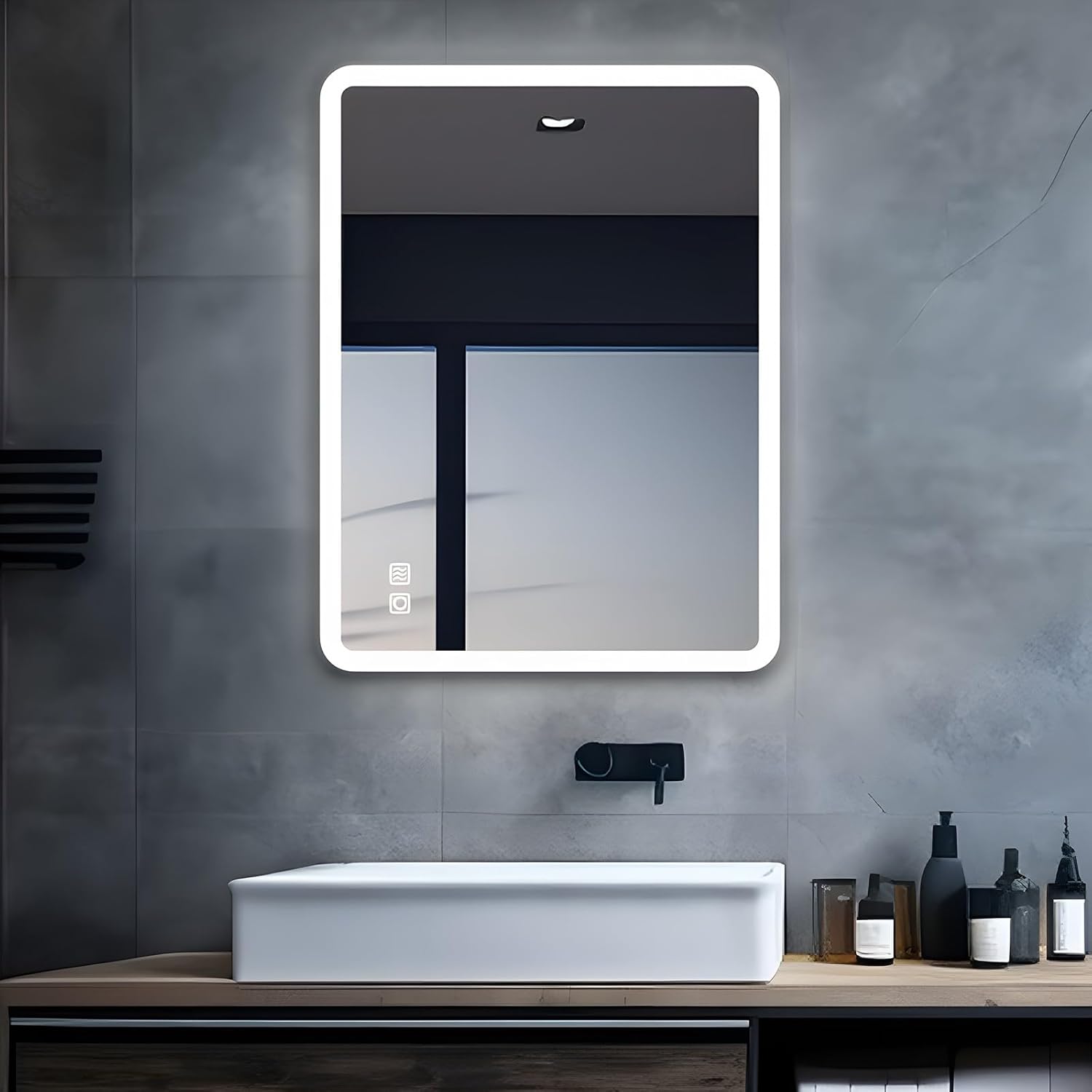 MIQU Bathroom Mirror with LED Lights 600x500mm, Illuminated Rectangular Large Wall Mounted Hanging Mirror with Dimmable 3 Colors, Demister Pad & Touch Switch for Bath, Dressing Room, Toilet.