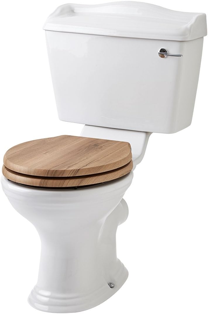 Milano Towneley - Traditional White Ceramic Close Coupled Toilet WC Pan and Walnut Effect Wooden Seat.