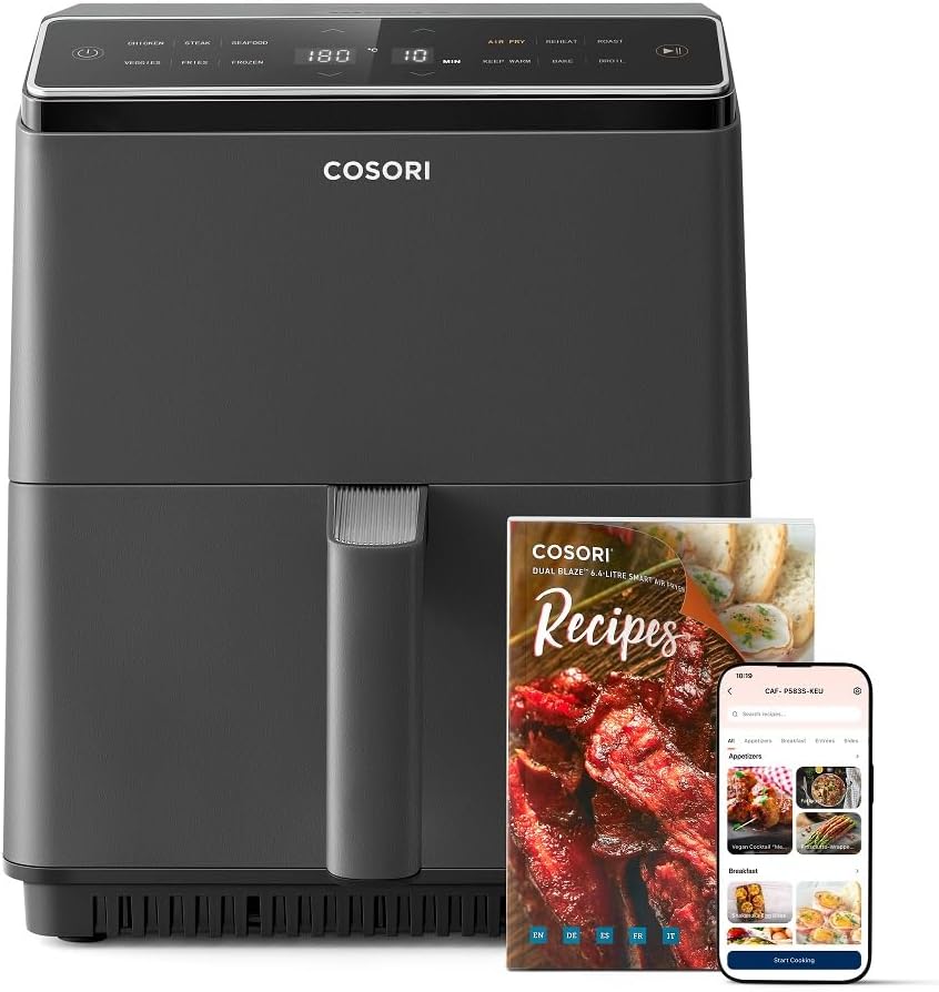 COSORI Smart Air Fryer Oven Dual Blaze 6.4L, Double Heating Elements, Cookbook, No Shaking & No Preheating, APP Control, 12 Functions, Air Fry, Roast, Bake, Reheat, Dishwasher Safe.