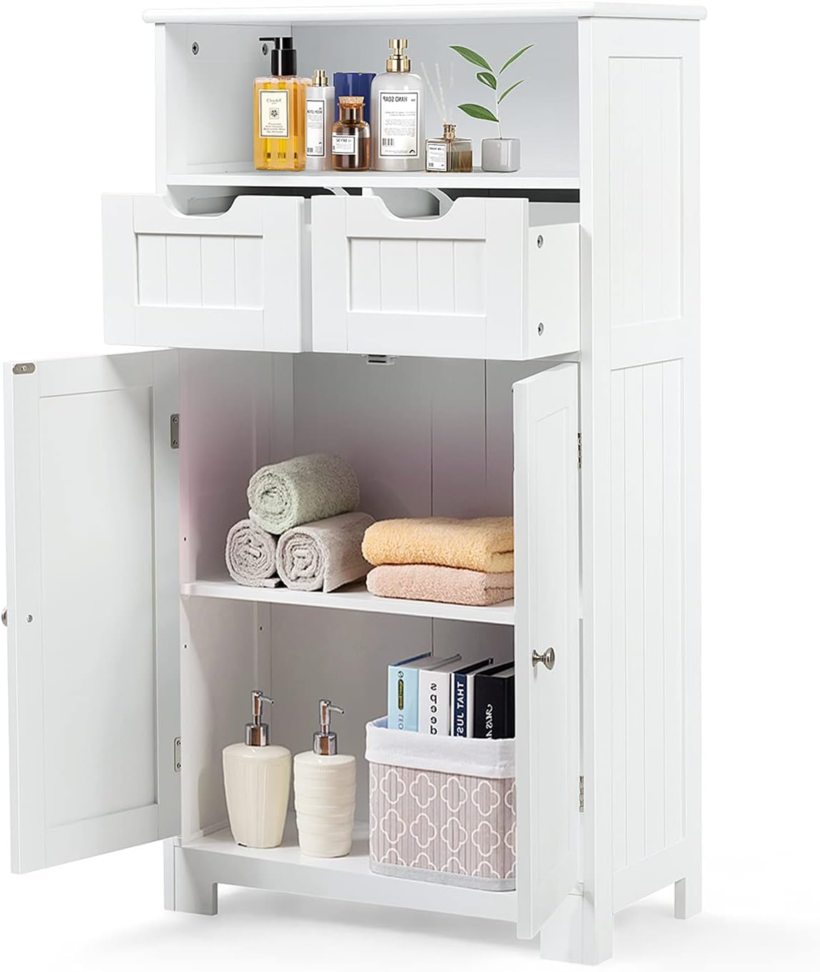 COSTWAY Bathroom Floor Cabinet, Wooden Free Standing Storage Cupboard with Adjustable Shelf, 2 Drawers and Doors, Home Living Room Hallway Organiser Unit (White).