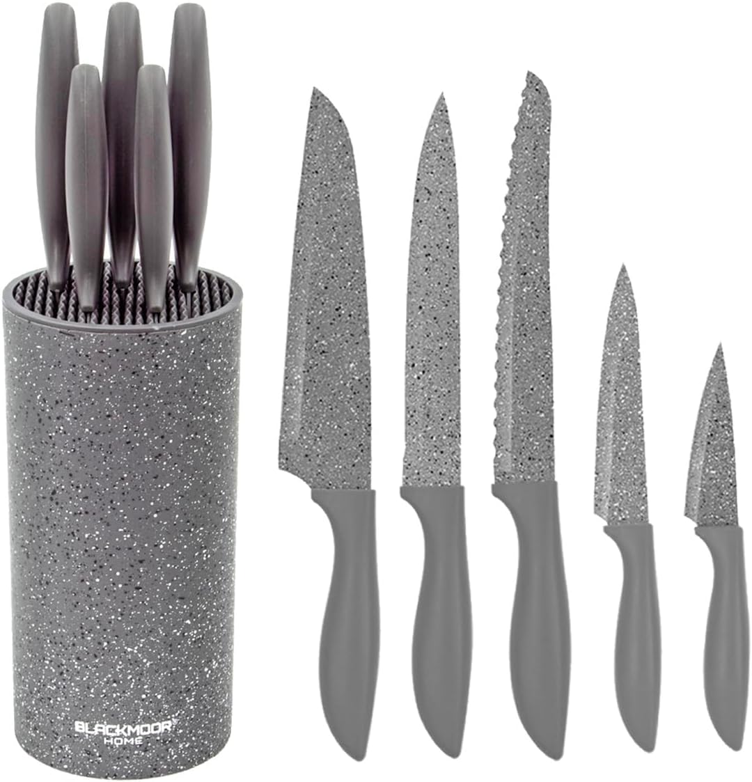 Blackmoor 66919 5-Piece Knife Set / Comes with Freestanding Storage Block / Stainless Steel Knives / Non-Stick Grey Marble Coating / Easy Clean / Modern & Stylish Kitchen Accessory.