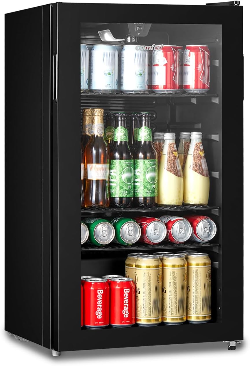 COMFEE' RCZ99BG2(E) Under Counter Beer & Drinks Fridge-93L Capacity,Holds up to 115 Cans, Premium Temperature Performance (2℃ to 15℃), Full Length Low-E Glass, Removable Shelves, LED Light, Low Noise.