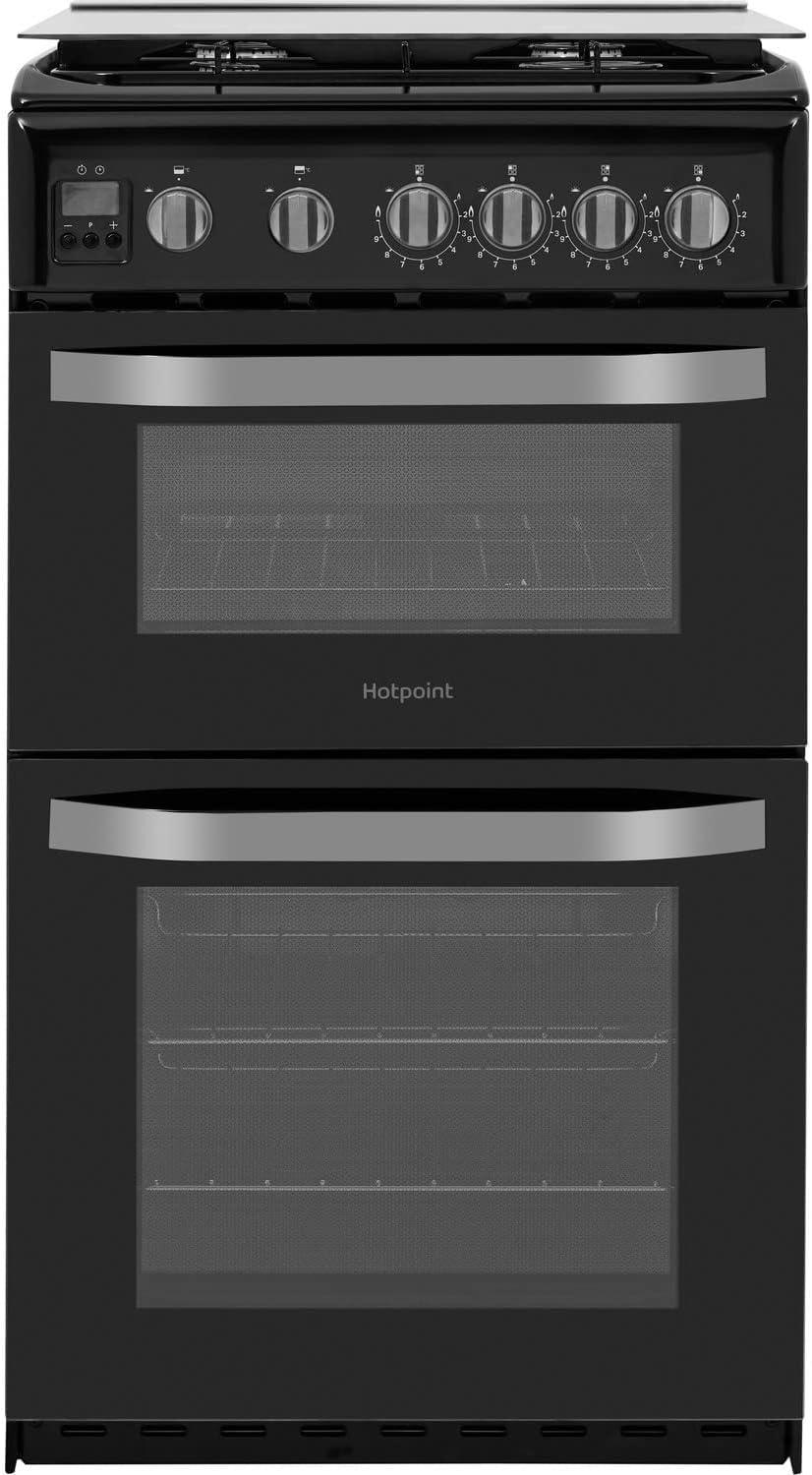 Hotpoint 50cm Double Cavity Gas Cooker with Lid - Black.