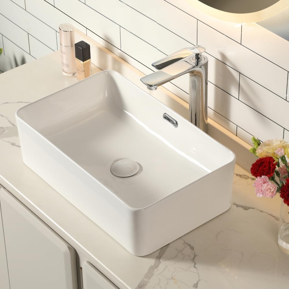 Countertop Bathroom Sink Ceramic- Bathroom Washbasin Rectangular - Vessel Vanity Sink Gloss White - Cloakroom Sink with Pop-up Drain Valve - Above Counter Vanity Sink Basin - Art Basin 480×315×140 mm.