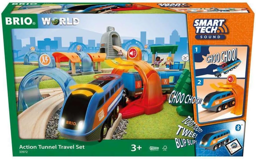 BRIO World Smart Tech Sound Action Tunnel Travel Battery Powered Train Set for Children Age 3 Years Up - Kids Gifts.