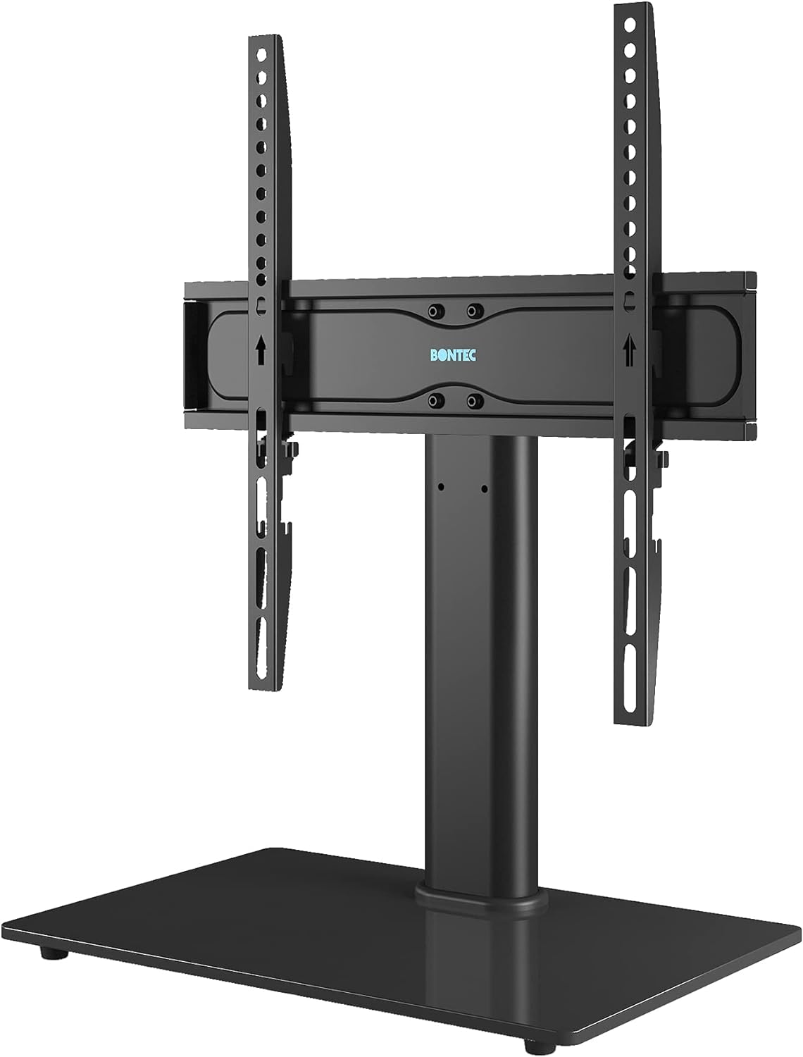 BONTEC Universal Table Top Pedestal TV Stand with Bracket for 26”-55” LCD/LED/Plasma TVs-Height Adjustable stand with 8mm Tempered Glass Base & Cable Management-Holds 40 KG & Max.VESA 400x400mm.