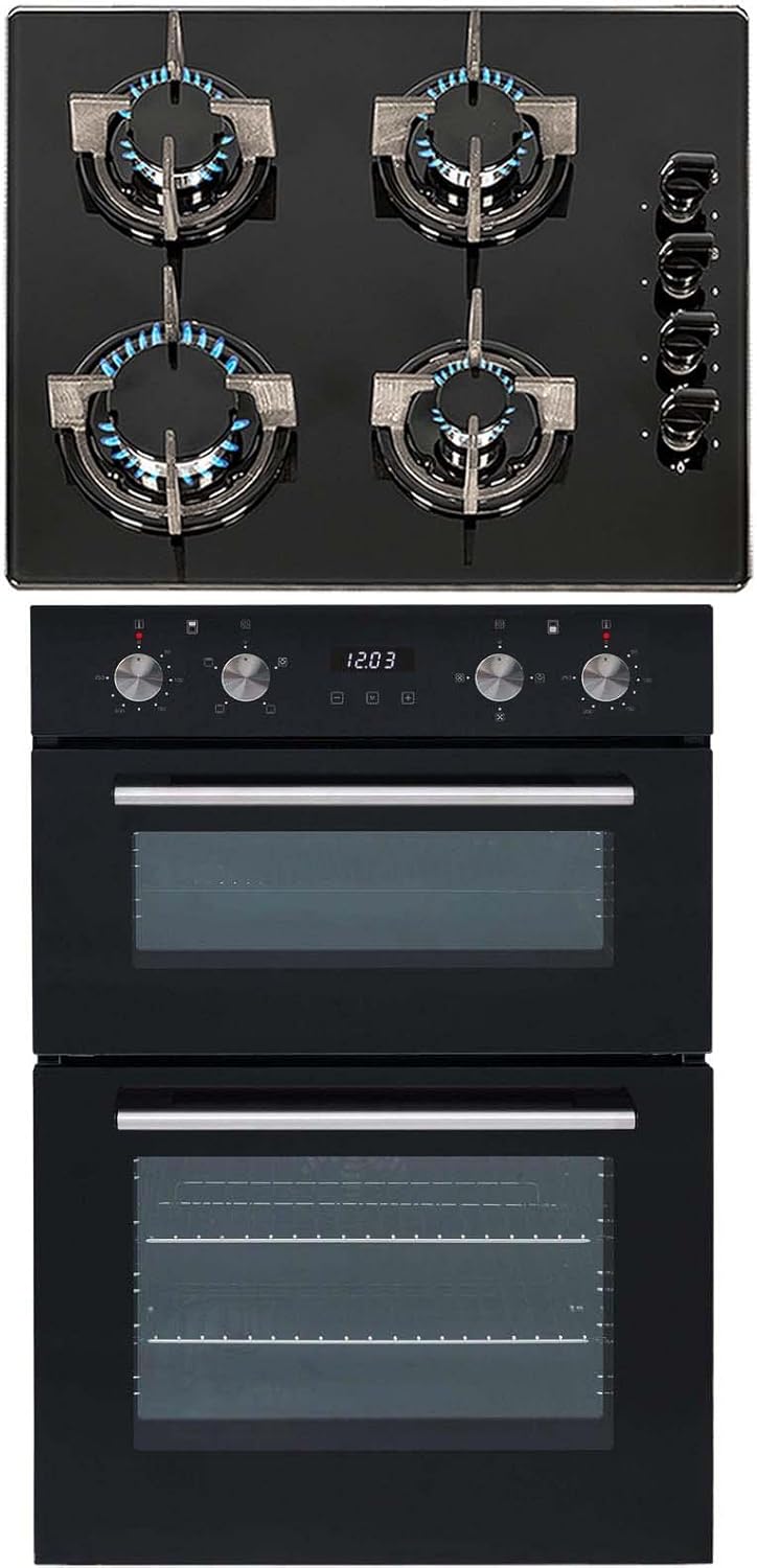 SIA 60cm Built In Double Electric Fan Oven & 4 Burner Black Gas On Glass Hob.