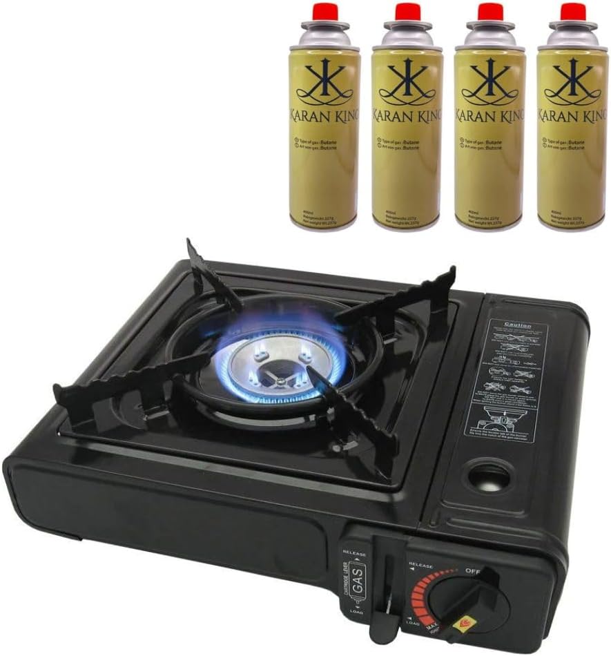 ASMGOLD Portable Gas Stove with Carry Case-For Outdoor Camping, Fishing and BBQ-Automatic Ignition System, Heat Control, Enamel Pan Support, Butane Can or LPG Gas Source-Black (Stove + 4 Butane Gas).