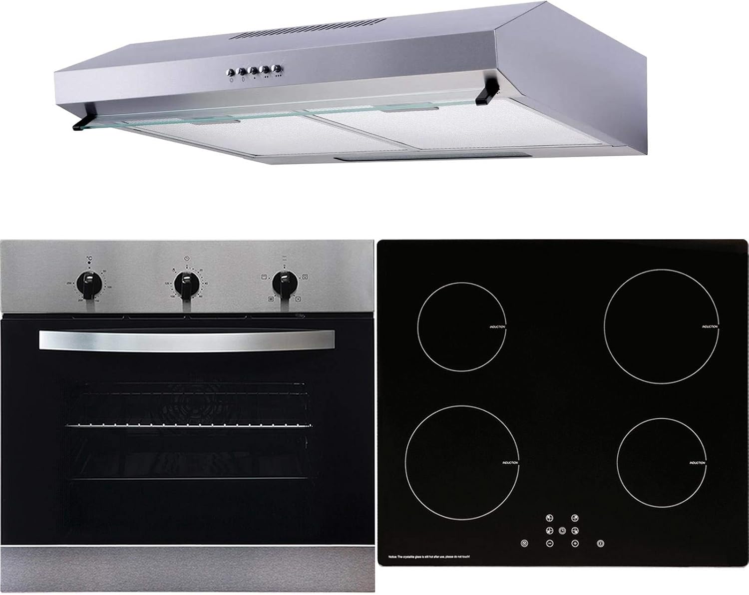 SIA 60cm Stainless Steel Single Oven, 4 Zone Induction Hob And Visor Cooker Hood.