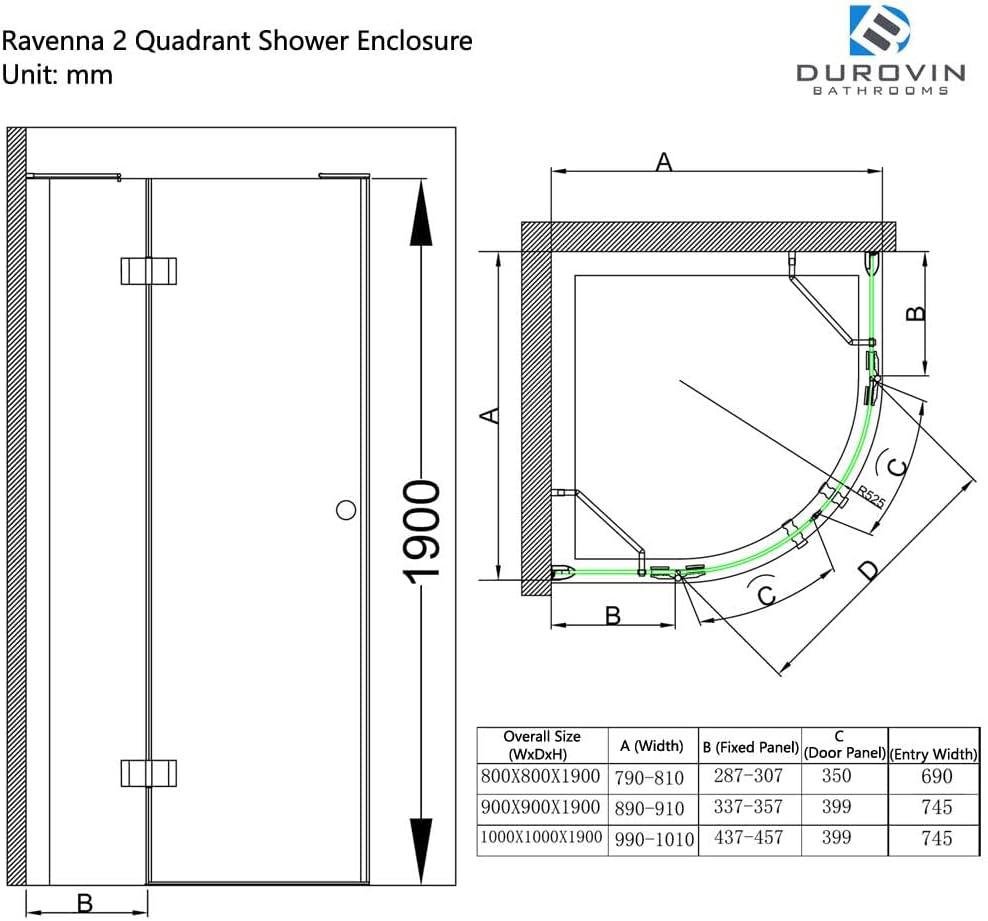 Durovin Bathrooms Quadrant Shower Enclosure, Double Hinged Door, 8mm Safety Glass (800 x 800mm).