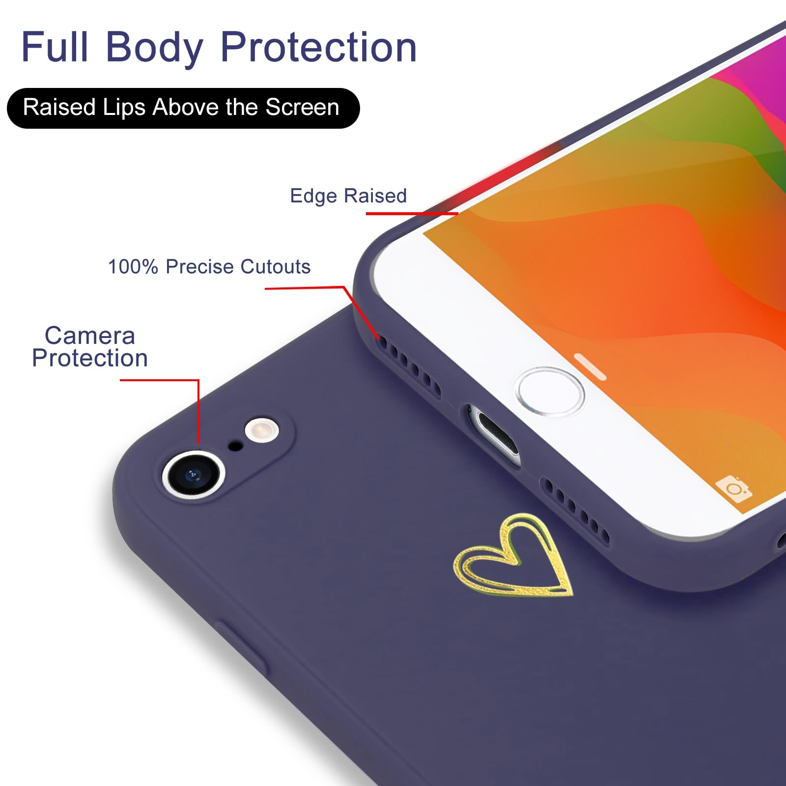 Wirvyuer Compatible with iPhone SE Case 2022/2020, iPhone 8 iPhone 7 Phone Case for Women Girls Silky Soft Protective Shockproof Silicone Phone Case with Cute Heart Pattern Design, Blue.