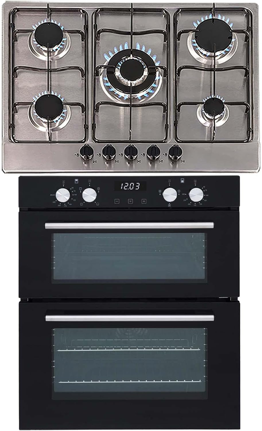 SIA 60cm Black Built Under Double Oven And 70cm 5 Burner Stainless Steel Gas Hob.