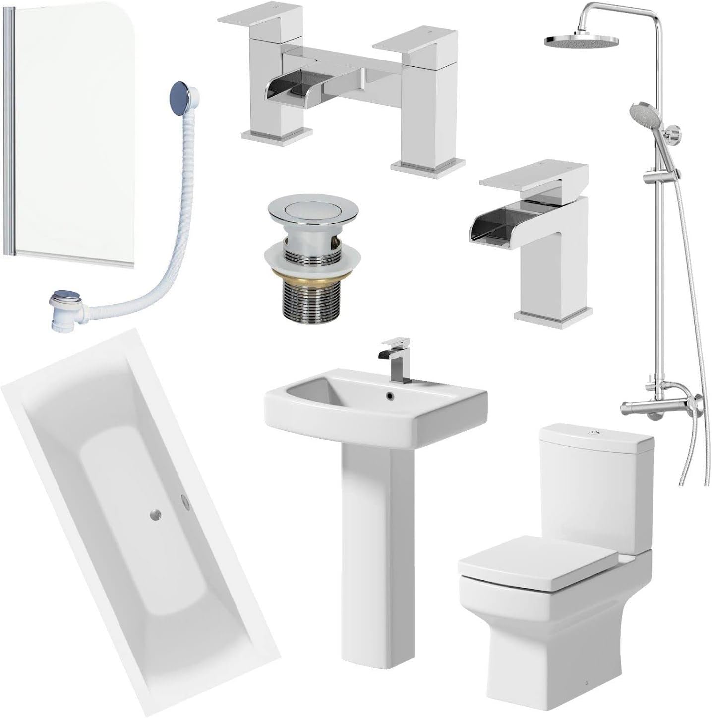 Affine 1700mm Bathroom Suite Double Ended Bath Shower Screen Toilet Pedestal Basin Taps.