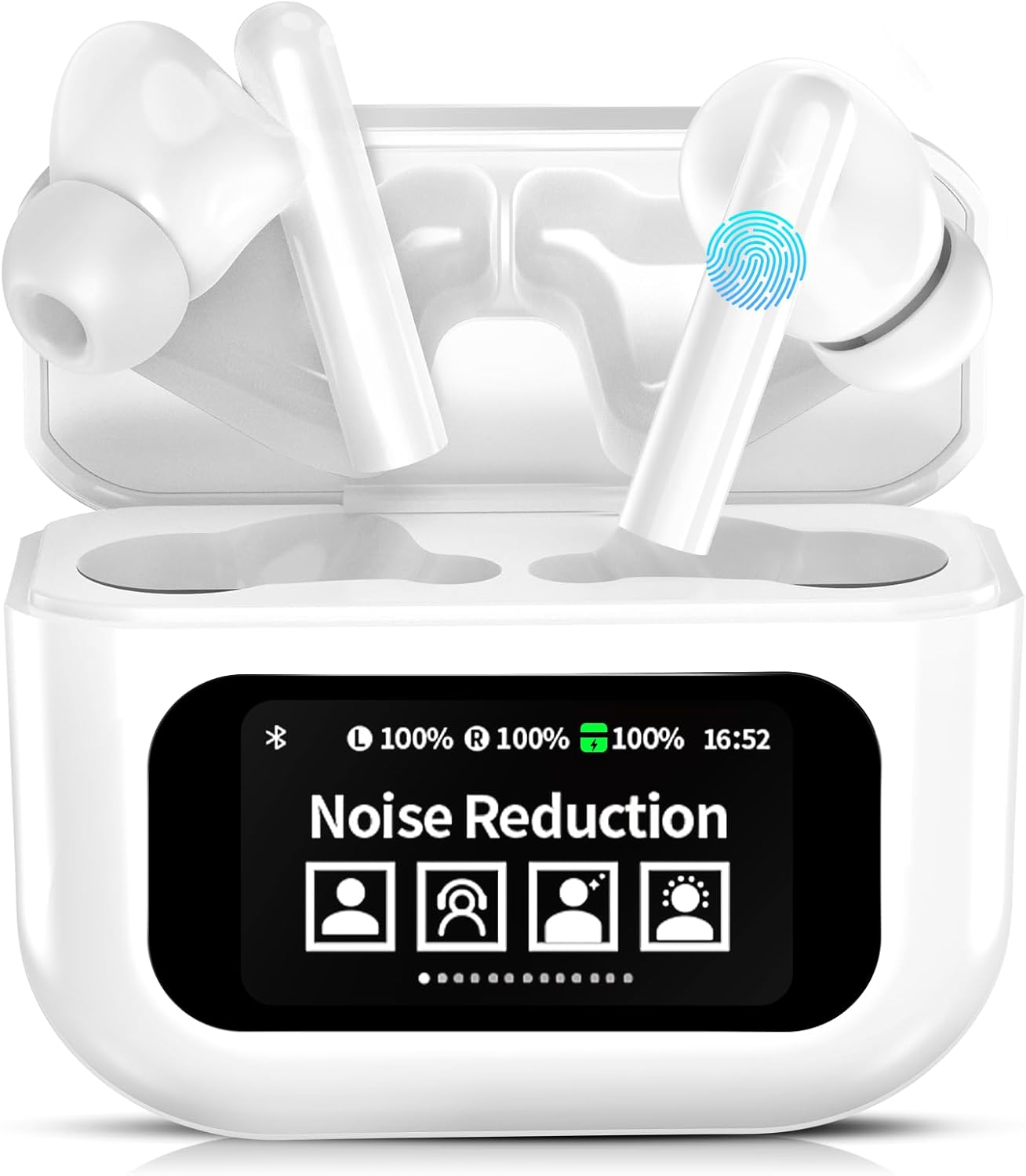 GIIFUX Wireless Earbuds,Bluetooth 5.4 Headphones in Ear with Touch Screen and HiFi Stereo Deep Bass, ANC Noise Cancelling Mic Wireless Earphones,25H Playtime Bluetooth Earbuds,IPX5 Waterproof, White.