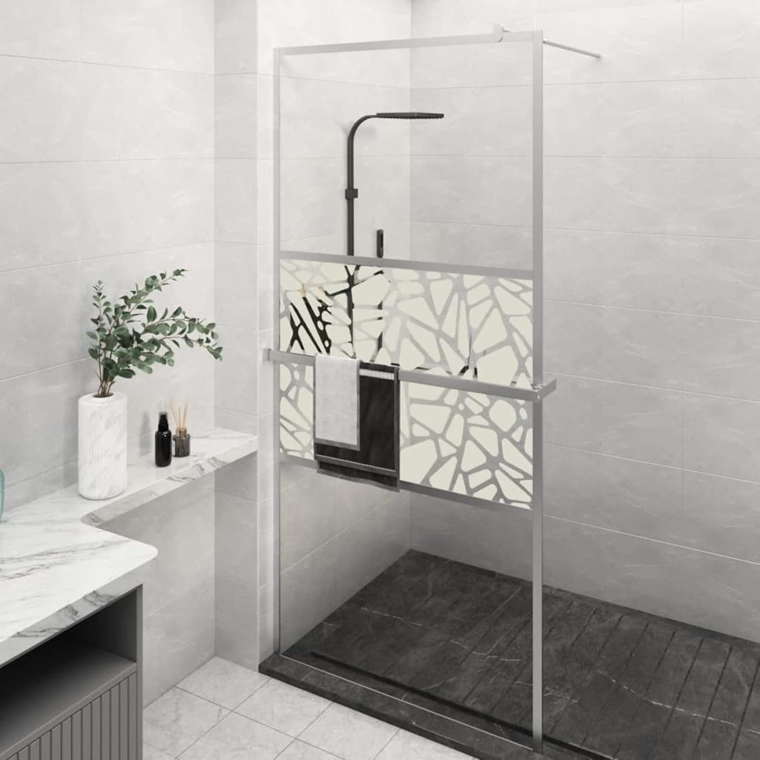 qohoio Walk-in Shower Wall with Shelf Chrome 80x195 cm ESG Glass&Aluminium,Over Bath Shower Screen Door Framed Toughened Safety Clear Glass Panel Bathroom Bath Screens.