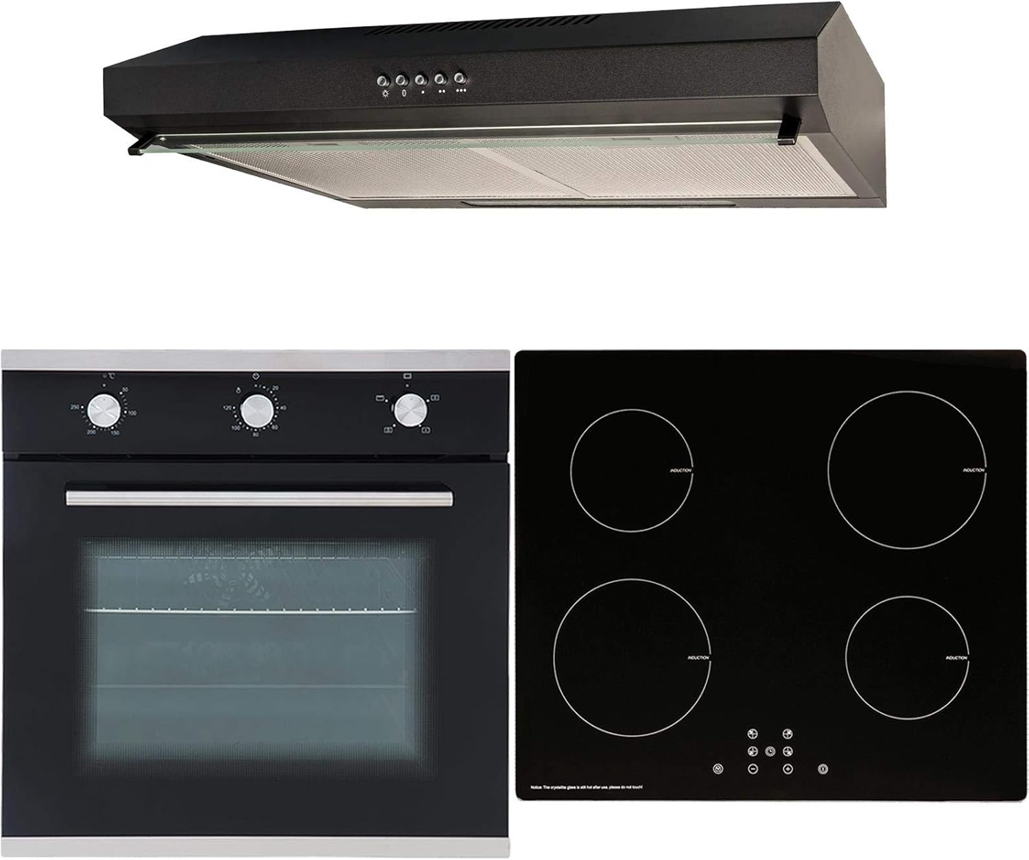 SIA 60cm Black Single Electric Oven, 4 Zone Induction Hob & Visor Cooker Hood.