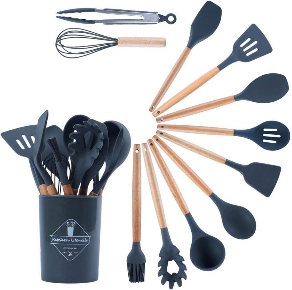 MACZ GROUP 12pcs Kitchen Utensils Set, Heat Resistant Set, Kitchen Accessories for Non-Sticky Pans, Home Cooking Utensils, Super Kitchen Silicone Spatula Stuff -Grey.