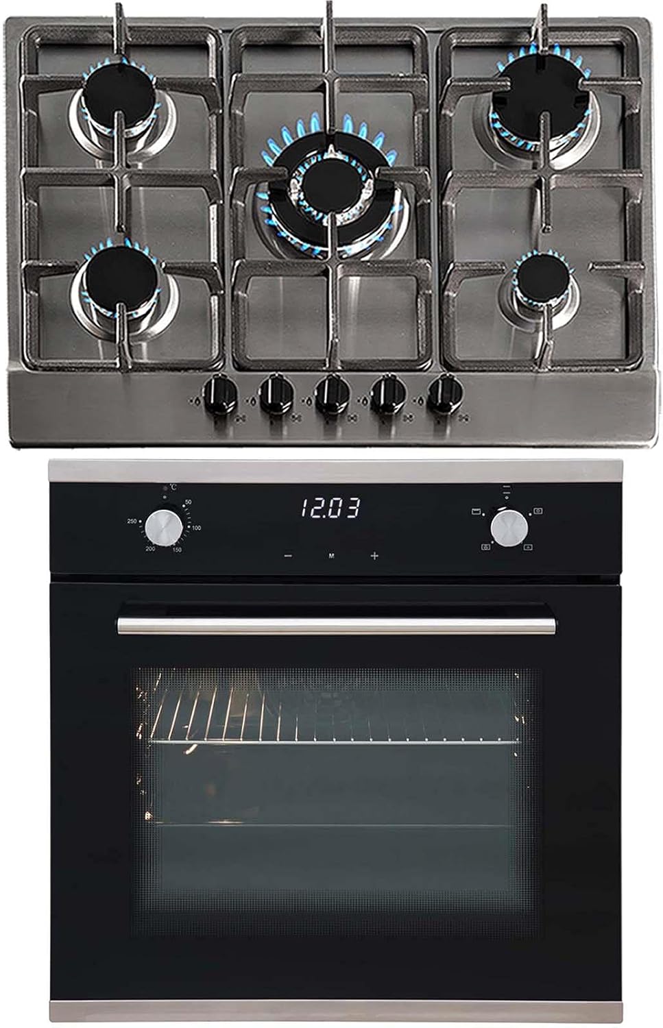 SIA 60cm Black Touch Control Fan Oven And 70cm Stainless Steel 5 Burner Gas Hob.