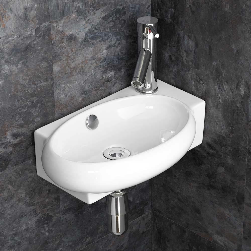 clickbasin Space Saving Narrow 420mm x 270mm Cloakroom White Ceramic Right Hand Basin | Countertop or Wall Mounted | Lecce.