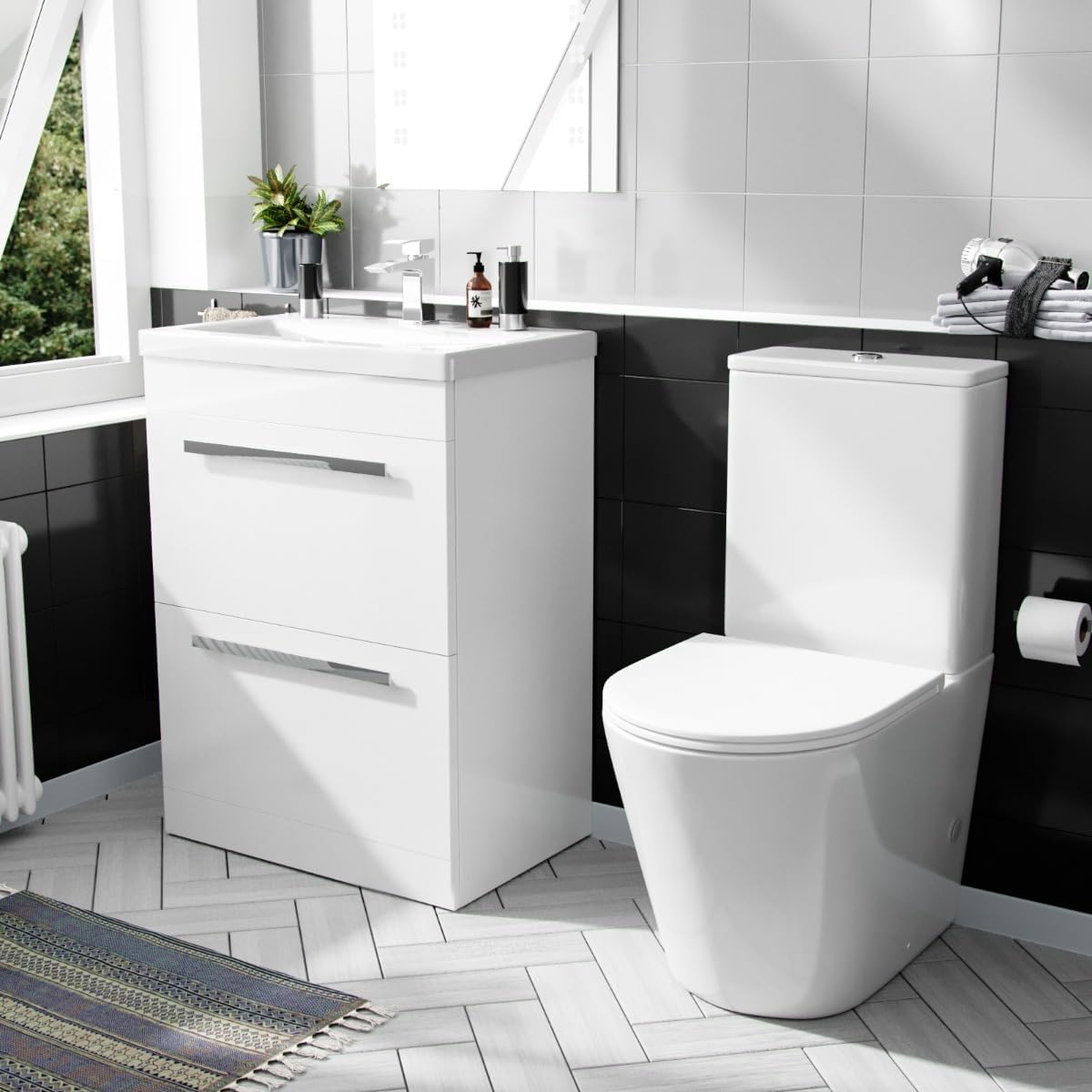 Nes Home Nanuya 600mm Floorstanding 2 Drawer Vanity Basin Unit & Round Close Coupled Toilet White.