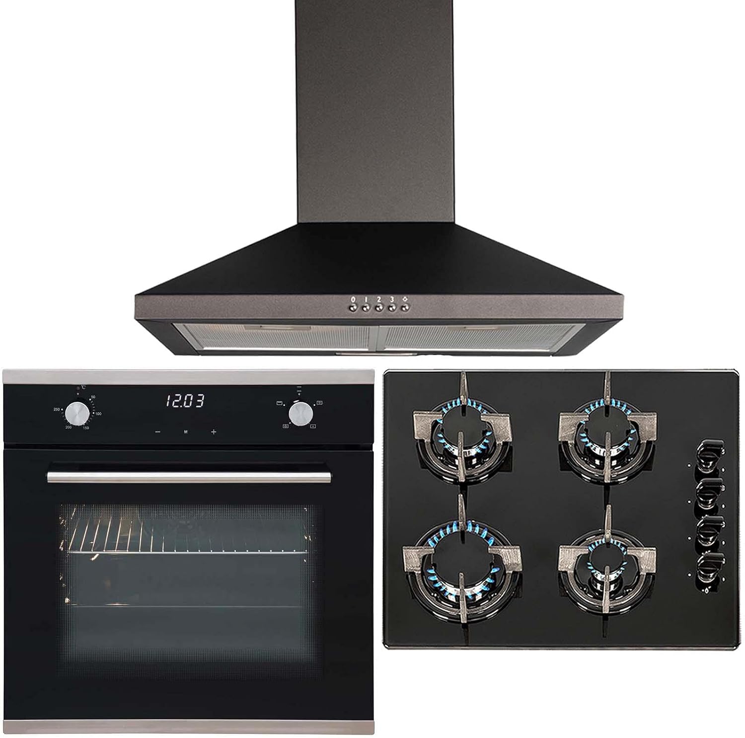 SIA 60cm Black Touch Control Single Fan Oven, 4 Burner Gas Hob & Chimney Hood.