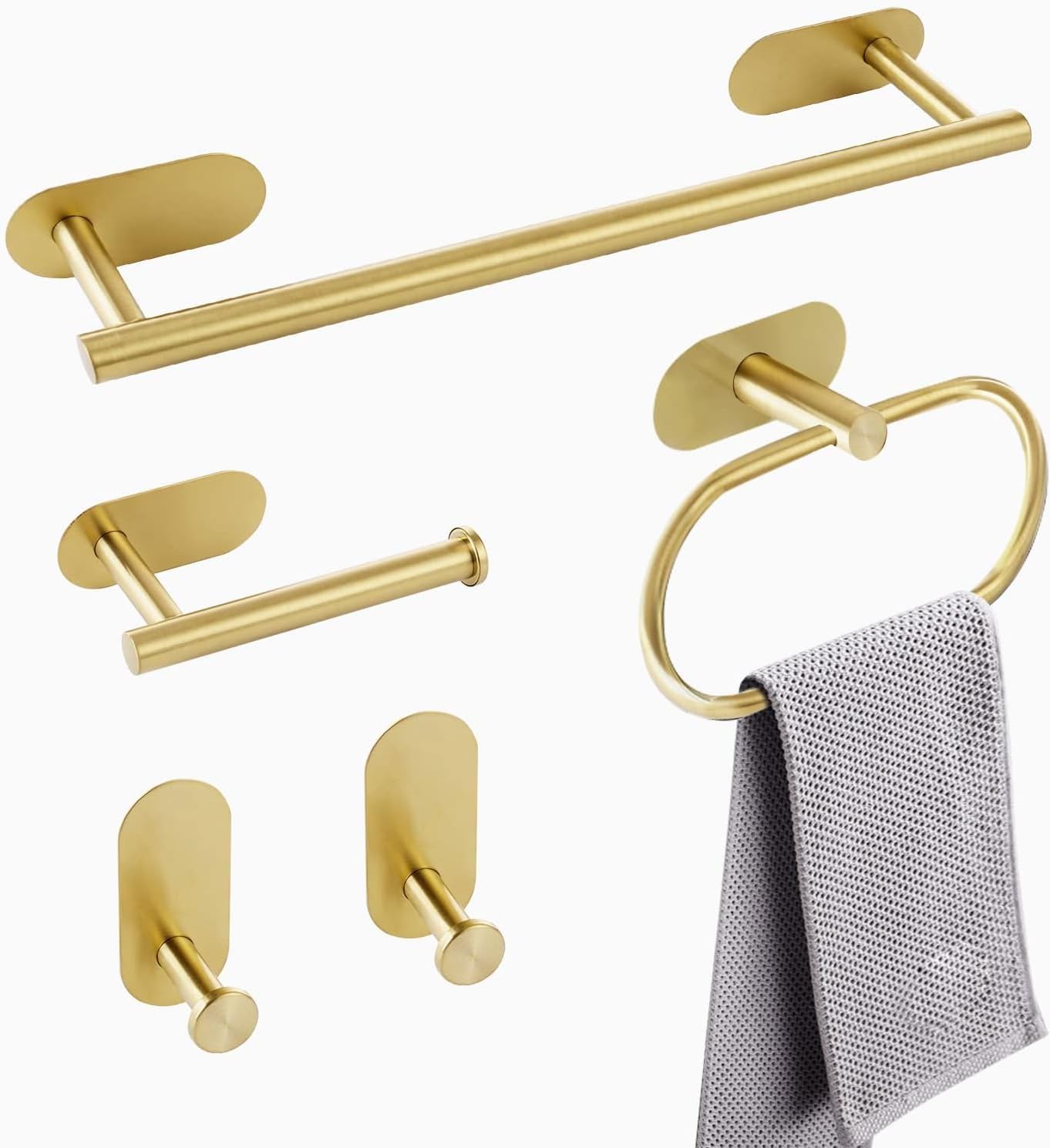 YUET Brushed Brass Bathroom Accessories Set - Toilet Paper Holder, 5 Piece Stainless Steel Hardware Kit Including 16" Towel Rail Bar, Toilet Roll Holder, Towel Ring, and Robe Towel Hooks (Gold).