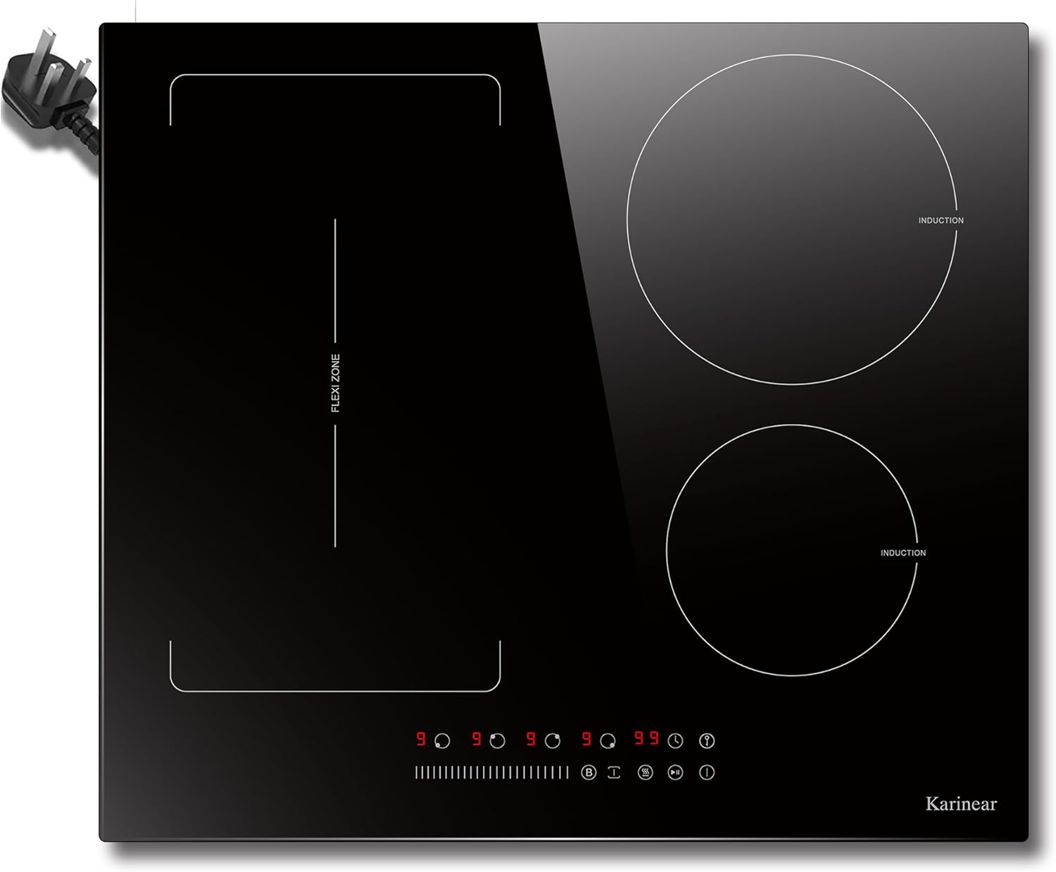 Karinear Plug-in Induction Hob with Flex Zone 13Amp 2800W, 2 Ring Electric Hob 30cm with 99-Min Timer, Safe Lock, Black.